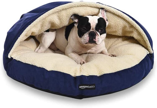 Amazonbasics Anti-Anxiety Calming Burrow Pet Cave Bed for Small and Medium Dogs, with Removable Nesting Cave Cover, Fits up to 35Lbs Pets, 30 X 30 X 12.5 Inches, Blue