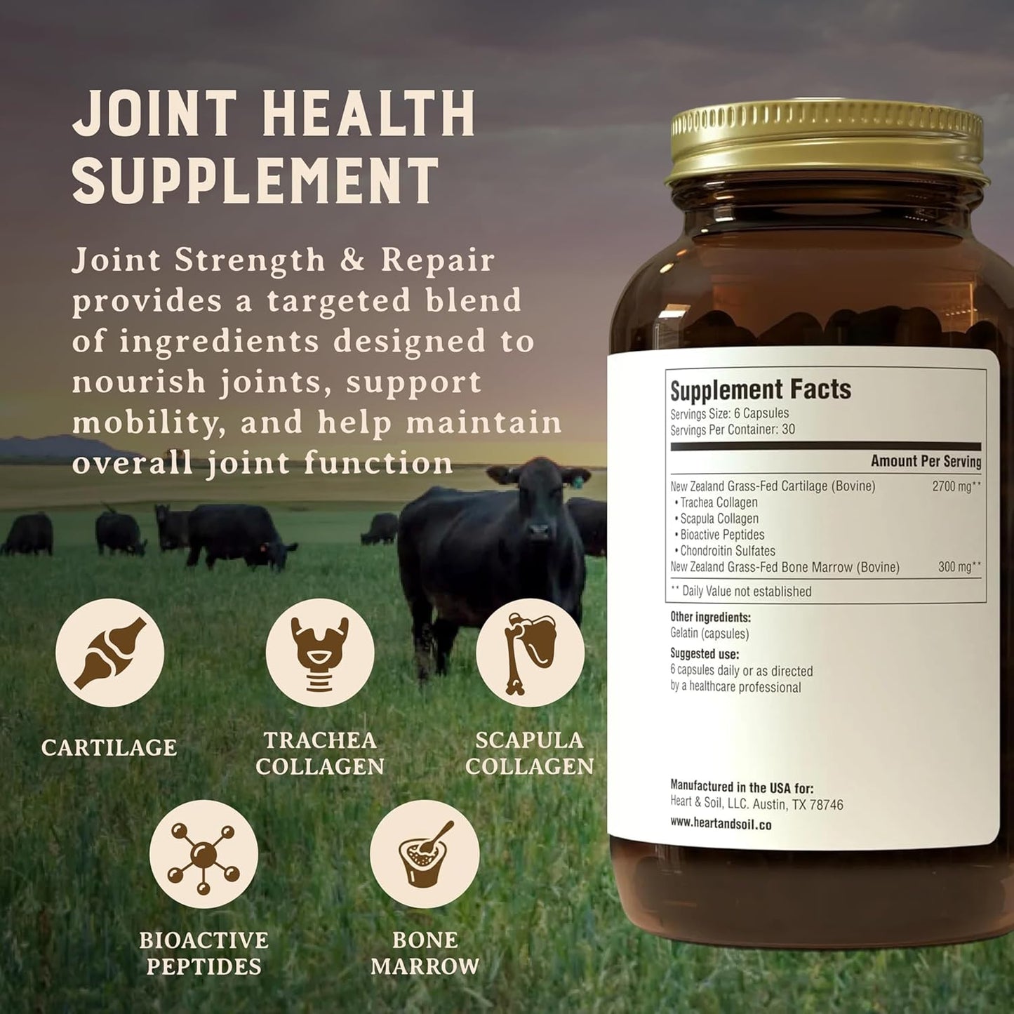 Heart & Soil 100% Grass Fed & Finished Joint Support Supplement from Regenerative Cattle with Trachea, Scapula & Bone Marrow – Supports Joint Strength & Mobility – 3000Mg – Glass Bottle – 180 Capsules