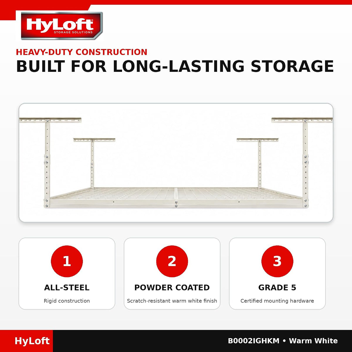 Hyloft Overhead Adjustable Garage Storage Rack,Heavy Duty Steel Garage Storage System, 45-Inch X 45-Inch, White