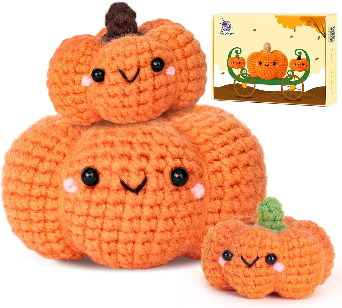 Crochetta Crochet Kit for Beginners, Crochet Starter Kit with Step-By-Step Video Tutorials, Crochet Animal Kits for Adults and Kids, DIY Craft Supplies, 3 Pack Halloween Pumpkins Family (40%+ Yarn)