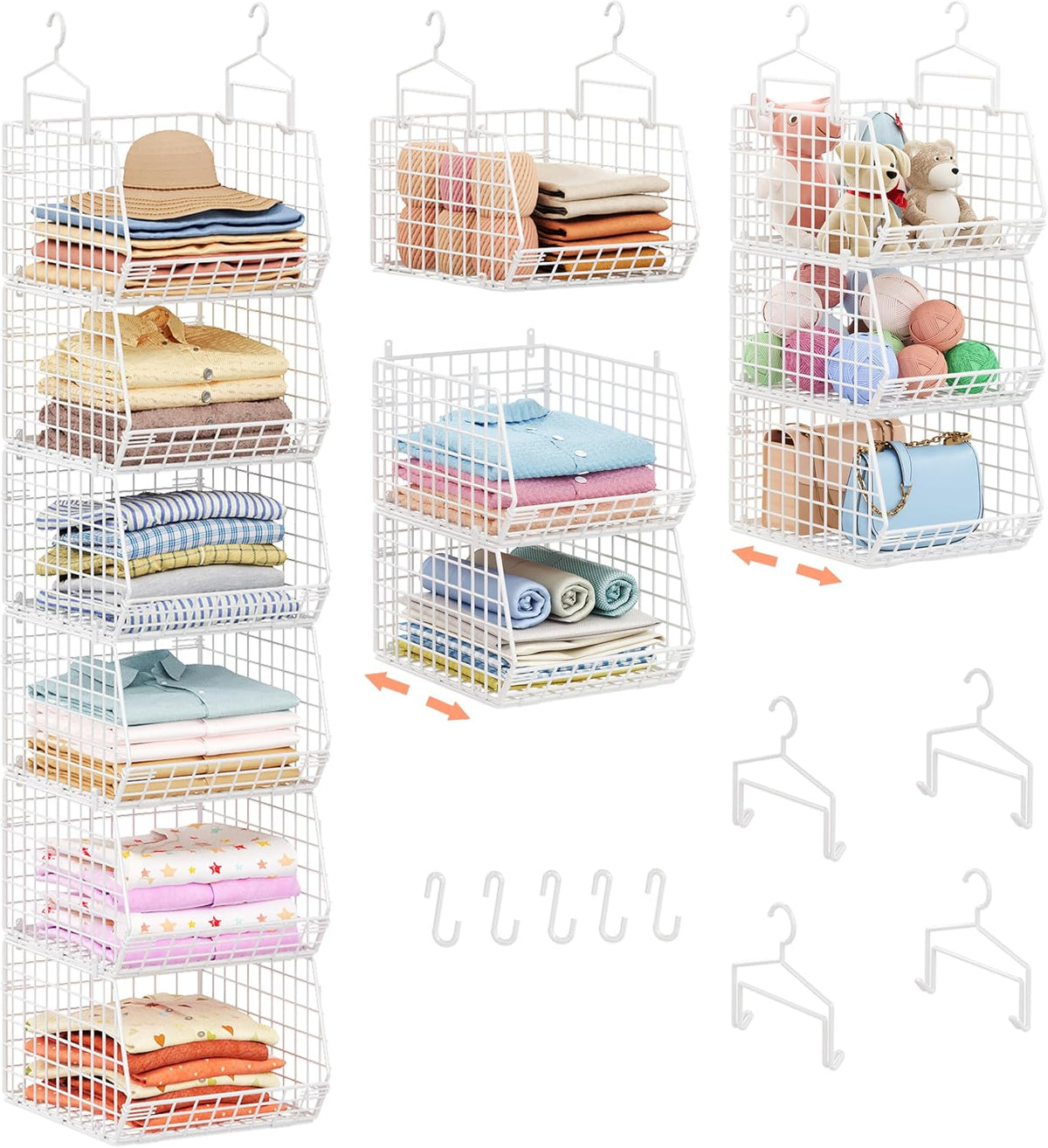 6 Tier Extended Depth Hanging Closet Organizer, Closet Storage Hanging Shelves with Hanging Hooks for Clothes Sweaters Towels Handbags, Stackable Metal Mesh Bins for Closet, Laundry, Bathroom, Dorm