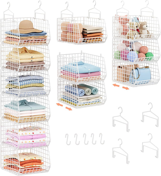 6 Tier Extended Depth Hanging Closet Organizer, Closet Storage Hanging Shelves with Hanging Hooks for Clothes Sweaters Towels Handbags, Stackable Metal Mesh Bins for Closet, Laundry, Bathroom, Dorm