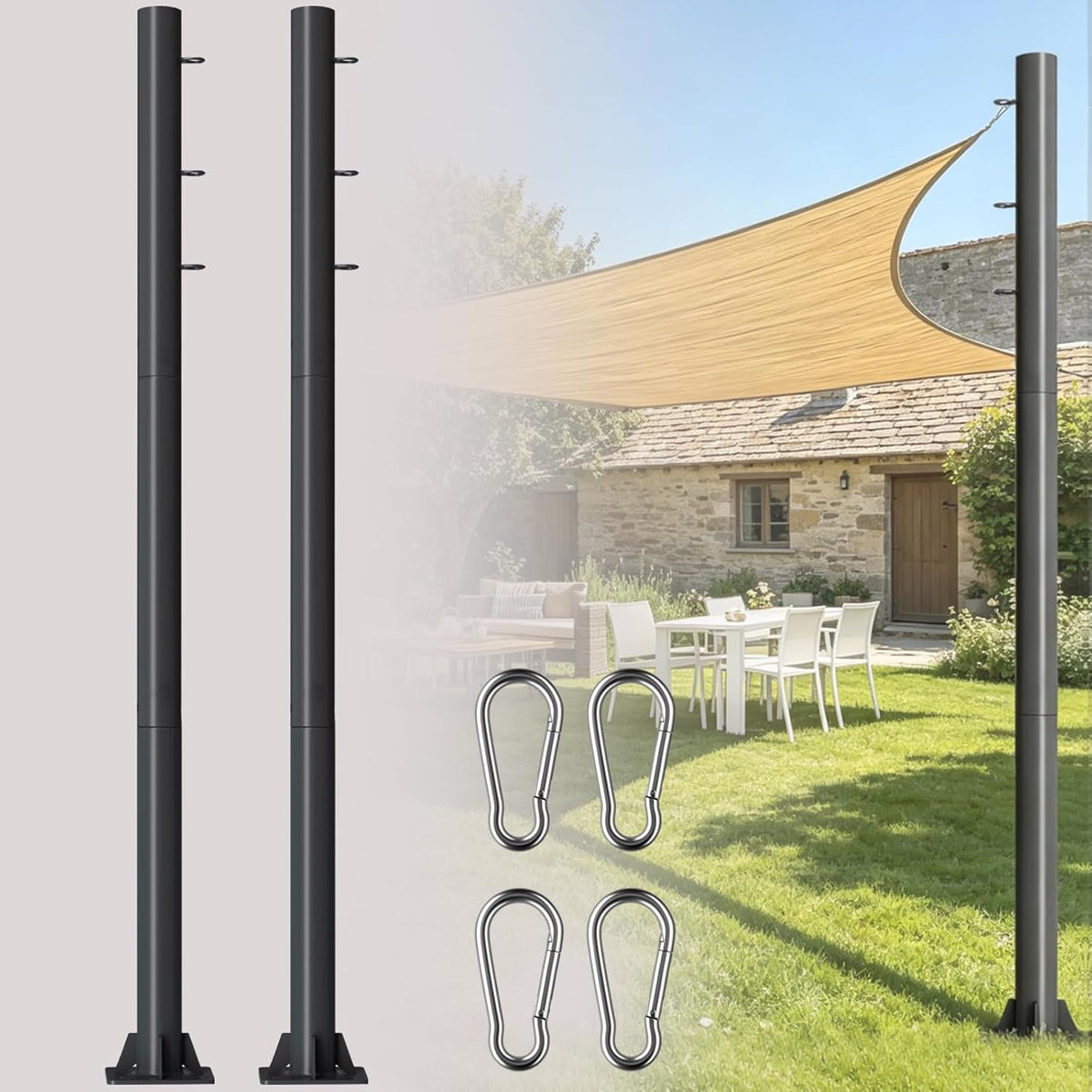 2 Pack 10Ft Sun Shade Sail Poles – Diameter 2.28In Thickness Heavy Duty Thick Steel Post Kit with Carabiner Hooks, for Outdoor Canopy, Light String, Patio