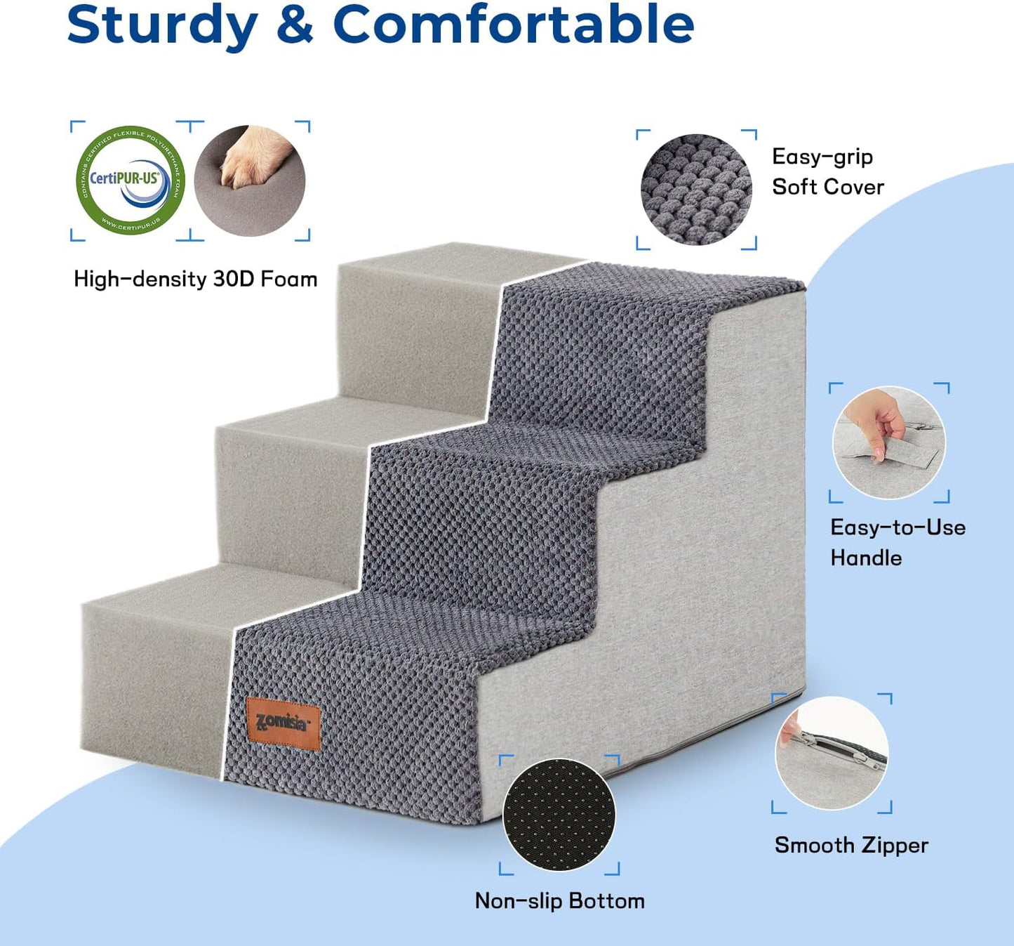 ZOMISIA Dog Steps for Couch - Pet Stairs for Small Dogs and Cats, Dog Steps with Non-Slip Bottom Grey 3 Steps, Grey
