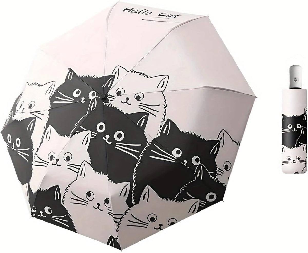 Compact Cat Umbrella - Automatic Folding, Dual-Use Rain and Sun Protection, Black Coating Anti-Uv, Windproof, Lightweight, Portable Travel Companion for Men and Women
