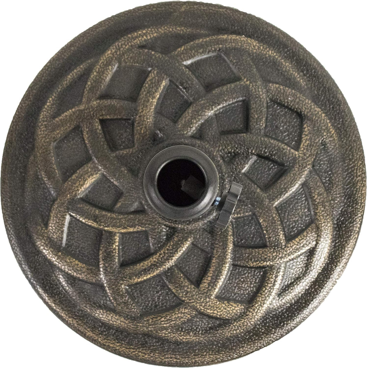Backyard Expressions round Heavy Duty Patio Umbrella Base – Weather Resistant Calcium Carbonate Resin with Bronze Weave Design – Fits 1.5" to 2" Poles, Easy Assembly, UV & Fade Resistant
