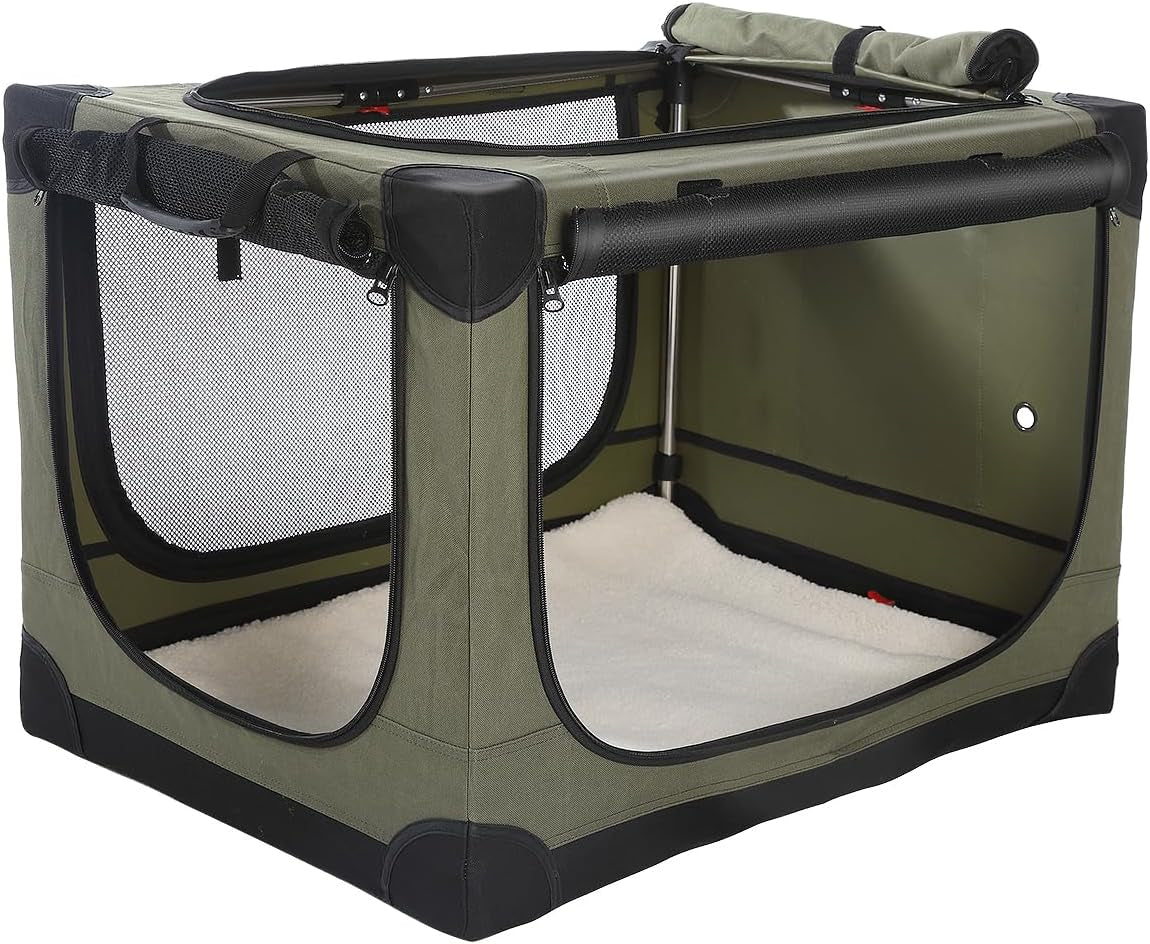 30 X 21 X 21 Inch Collapsible Soft Dog Crate for Dogs up to 50 Lbs, Portable Travel Pet Kennel with 4 Zip Doors, Foldable Indoor Outdoor Crate with Mat, Carry Bag, Green