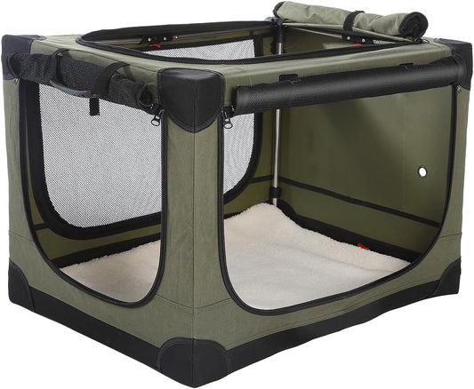 42 X 31 X 31 Inch Collapsible Soft Dog Crate for Dogs up to 90 Lbs, Portable Travel Pet Kennel with 4 Zip Doors, Foldable Indoor Outdoor Crate with Mat, Carry Bag, Green