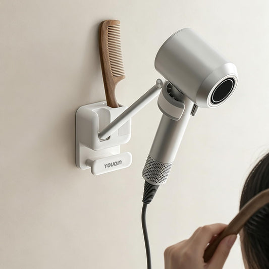 Hands Free Hair Dryer Holder Wall Mount, Anti-Shake Blow Dryer Stand with Adjustable Arm, Drill-Free Adhesive, Universal Fit for Most Hair Dryers, Bathroom Organizer (White)