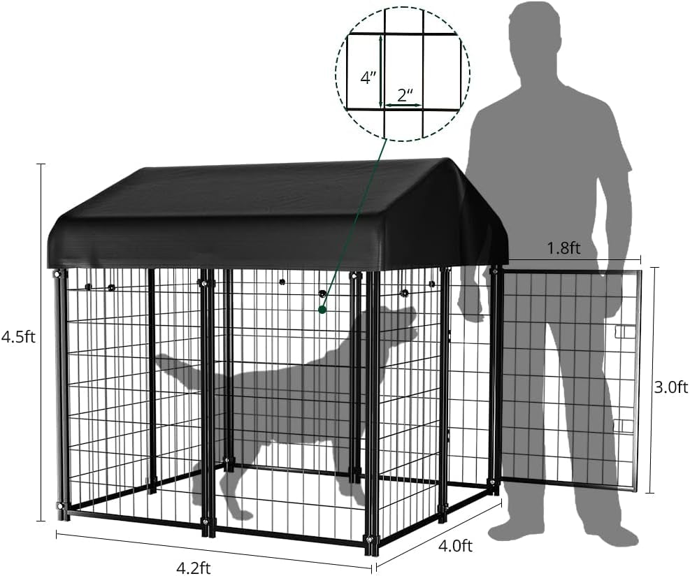 Dog Kennel outside with Roof, 4'X4'X4.5' Outdoor Dog Kennels for Large Dogs, Heavty Duty Welded Dog Crate Playpen with Uv-Resistant Waterproof Cover