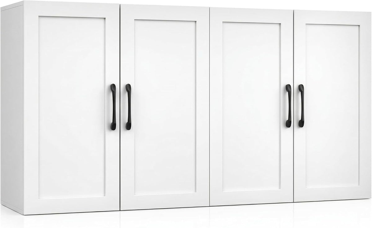 Wall Cabinet with Adjustable Shelves, Laundry Room Cabinet with 4 Doors, Kitchen Storage Cupboard Cabinet, Wall Mount Medicine Cabinet for Bathroom, Living Room, White