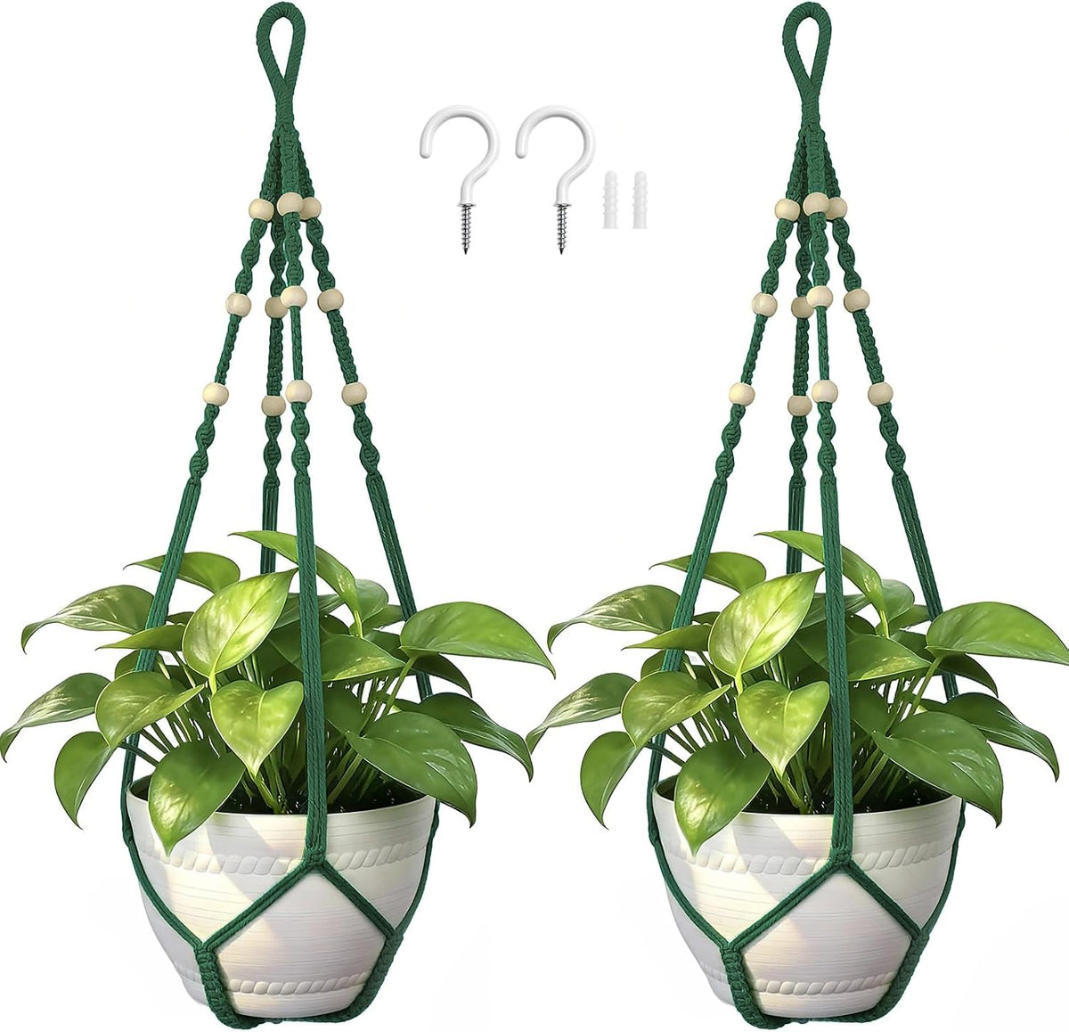 Macrame Plant Hanger,Up to 4-15 Inch Pots, Wood Beads Cotton Hanging Planter Holder for Indoor Outdoor Boho Home Decor, 35 Inch, Ivory, Set of 2 (Green)