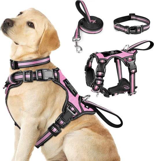 Pet Harness Collar and Leash Set, All-In-One Reflective Dog Harness No Pull with Adjustable Buckles for Puppies, Small, Medium, Large, and Extra-Large Dogs (Large, Pink)