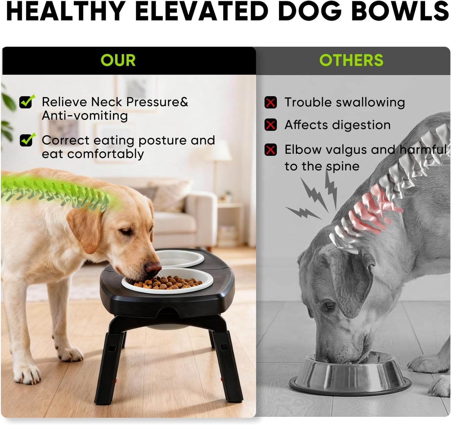 Elevated Dog Bowls Stand, 3 Height Adjustable Raised Dog Bowl with Collapsible Silicone Bowls, Non-Slip Stand for Small, Medium, Large Dogs & Pets