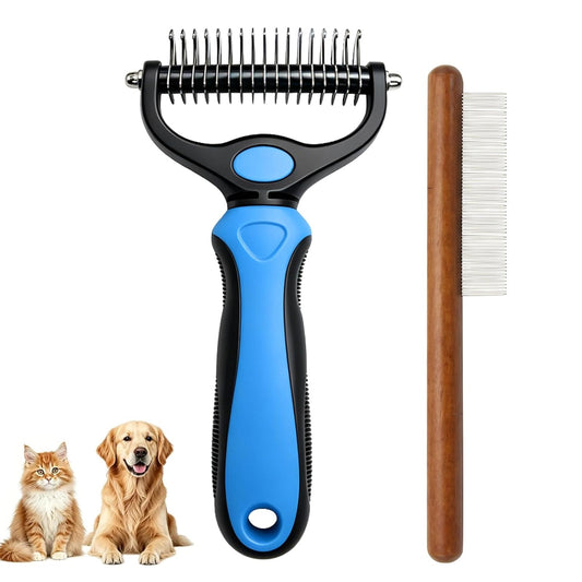 Pet Pro Grooming Tool for Dogs & Cats, 2-In-1 Blue Deshedding Brush & Wooden-Handle Steel Comb, Undercoat Rake for Long Hair Thick Coats, Painless Dematting Removes Tangles Knots & Loose Fur