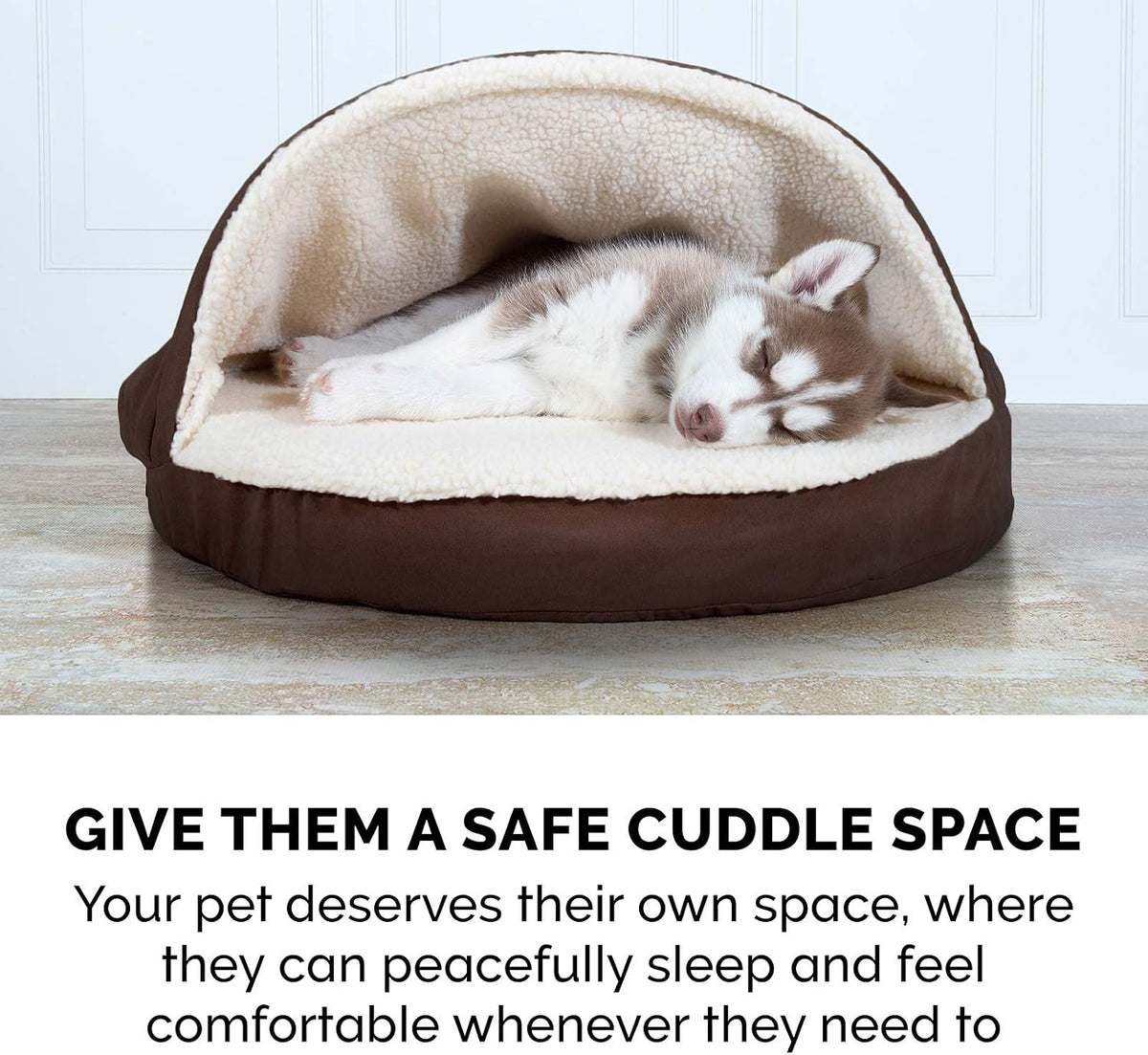 Furhaven round Orthopedic Dog Bed for Medium Dogs, Egg Crate with a Solid Orthopedic Foam Base with Attached Blanket Hood and Removable Washable Cover, Medium, Sherpa & Suede Snuggery, Espresso
