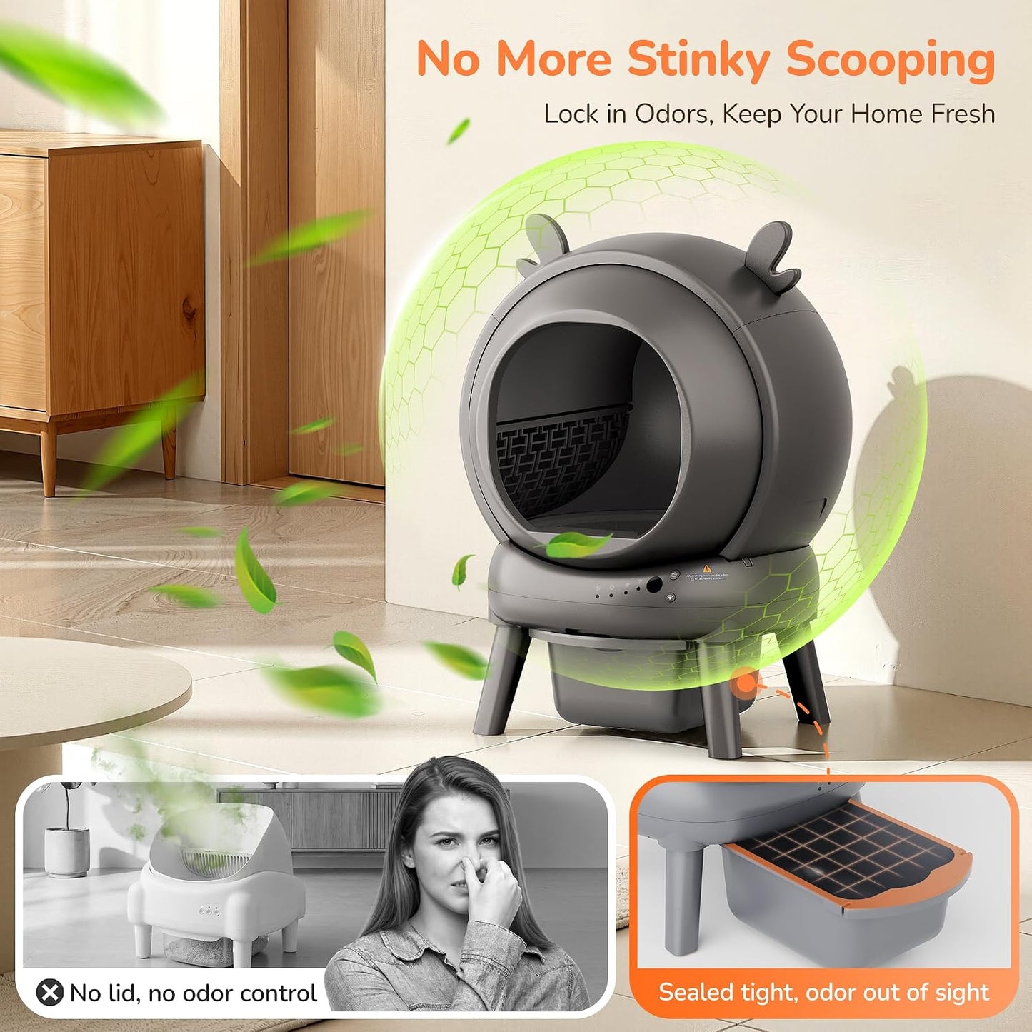 Automatic Self Cleaning Litter Box, Cat Litter Box, Robot Litter Box | APP Control, 65L Globe, Dual Safety Sensors, 1 Roll Garbage Bags, Litter Mat, <35DB, Grey