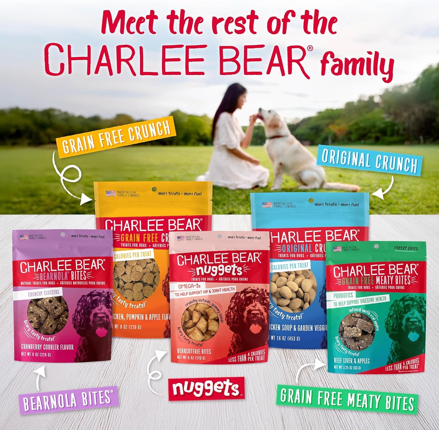 Charlee Bear Crunch Grain Free Dog Treats, Bacon and Blueberry, 8 Ounce Resealable Bag, Low Calorie Training Treats for Dogs, Limited Ingredient, Healthy, Crunchy Dog Snacks, Made in USA