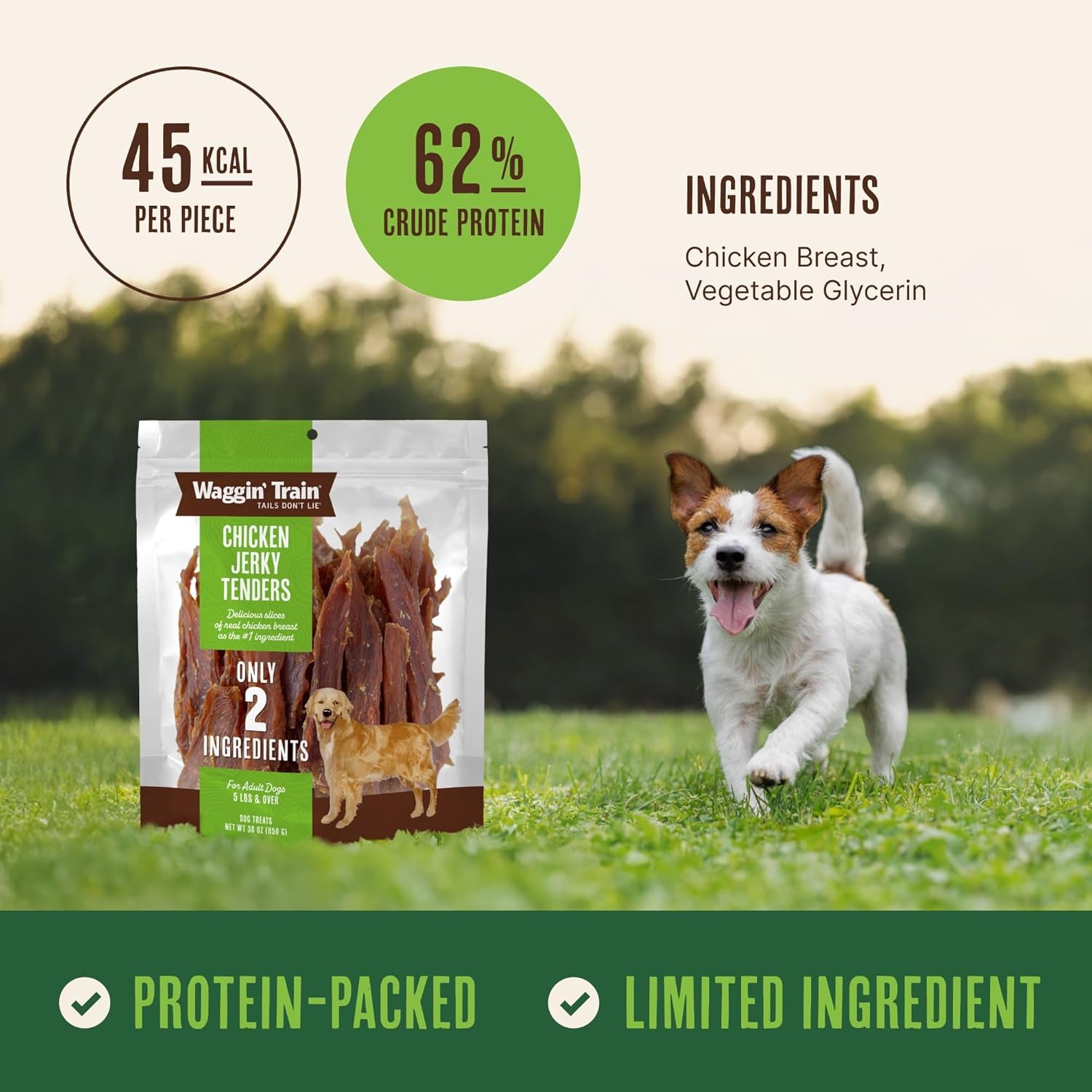 Waggin' Train Chicken Jerky Dog Treats, Made with 100% Real Chicken Breasts, Only Two All-Natural Ingredients, Great High Protein Dog Treat, Easily Digestible for Big or Small Dogs, 30 Oz. Pouch