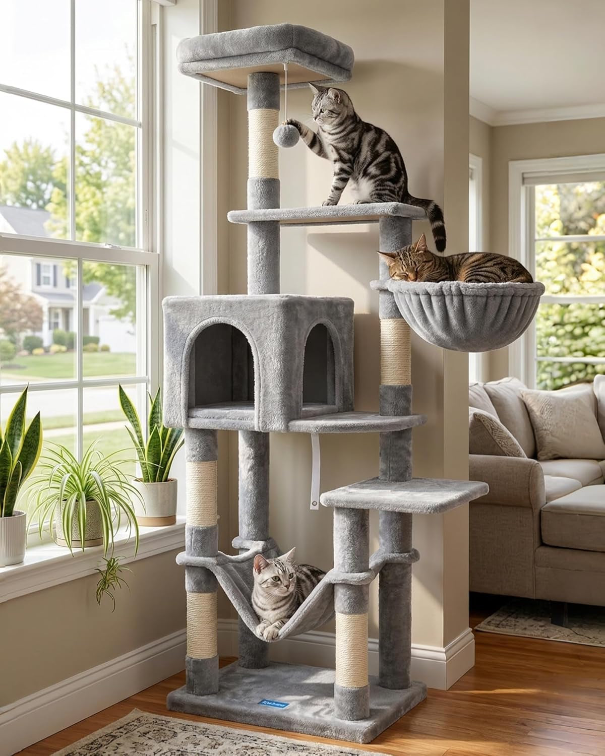 Hey-Brother Cat Tree with Large Hammock, Multi-Level Cat Tower for Indoor Cats, Cat Condo with Sisal-Covered Scratching Posts and Top Perch, Light Gray MPJ050W