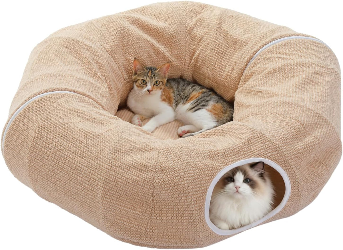 PEQULTI Beige Donut Cat Tunnel Bed Washable Plush Mat Multi for Small Pets