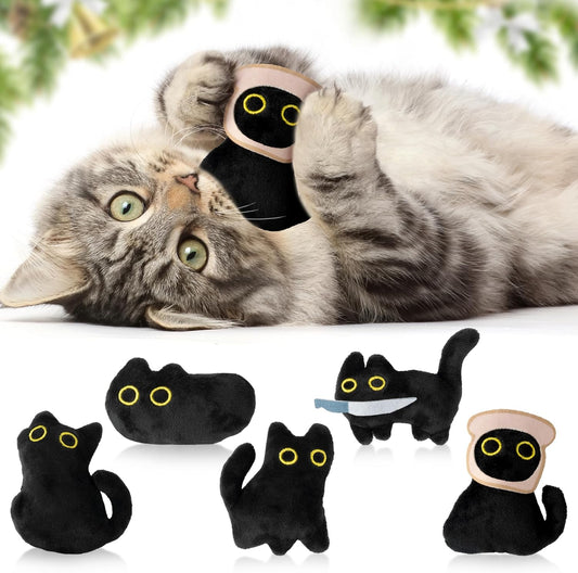 Hubirdsall 5Pcs Cute Black Cat Catnip Crinkle Paper Sound Toys Gift for Cats, Catmint Teething Chew Kick Interactive Toy with Bread for Indoor Kitty, Soft Funny Pet Presents Supplies for Kitten Lover