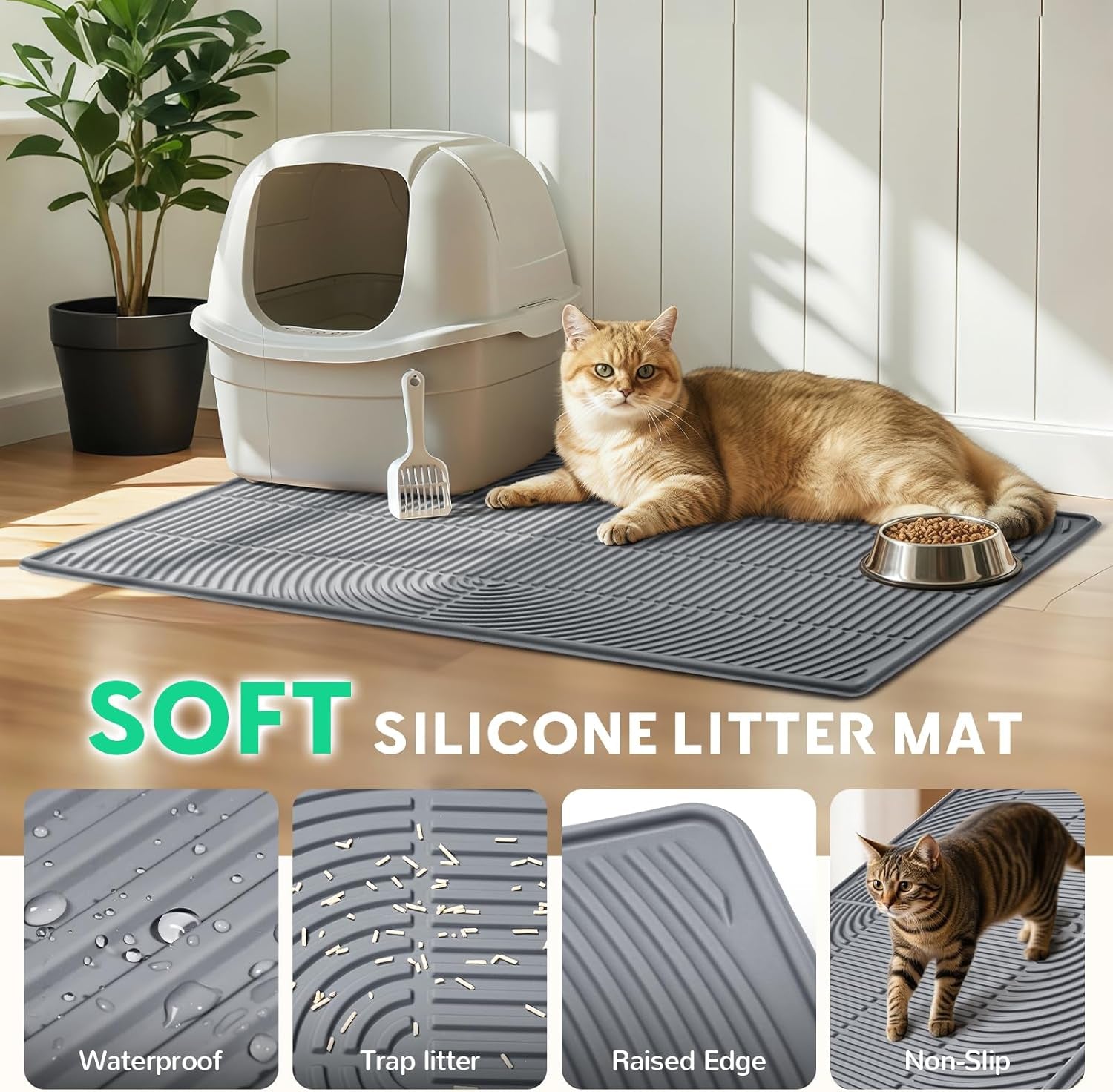 Pawtasy Cat Litter Box Mat,40" X 28" Extra Large Silicone Waterproof Litter Trapping Mat for Scatter Control Soft on Kitty Paws Non-Slip Easy to Clean