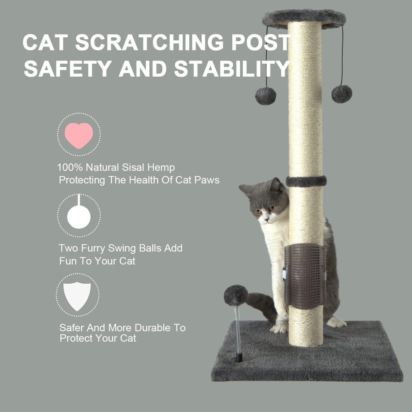 PEEKAB 32" Tall Cat Scratching Post Sisal Scratch Posts,With Hanging Ball and Self-Massage Brush Vertical Scratcher for Indoor Cats and Kittens Gray 32Inches