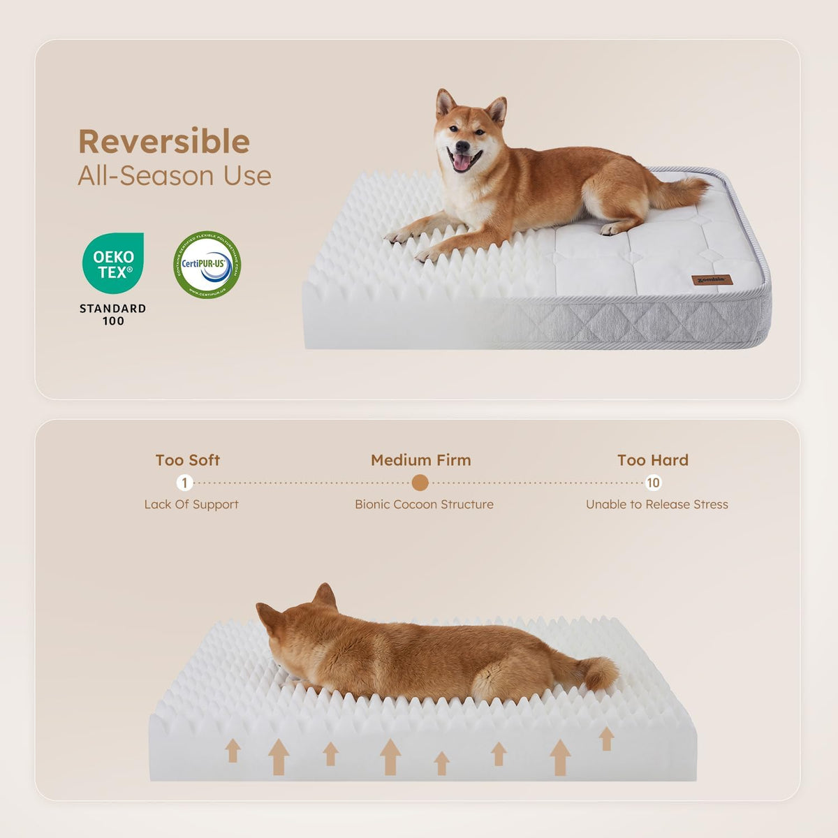 ZOMISIA Q-Max 0.5 Orthopedic Cooling Dog Bed for Crate, Reversible Warm & Cooling Dog Mattress for All Season 3" Thick Egg Crate Foam Pet Bed with Detachable Non-Slip Bottom, Waterproof Cover