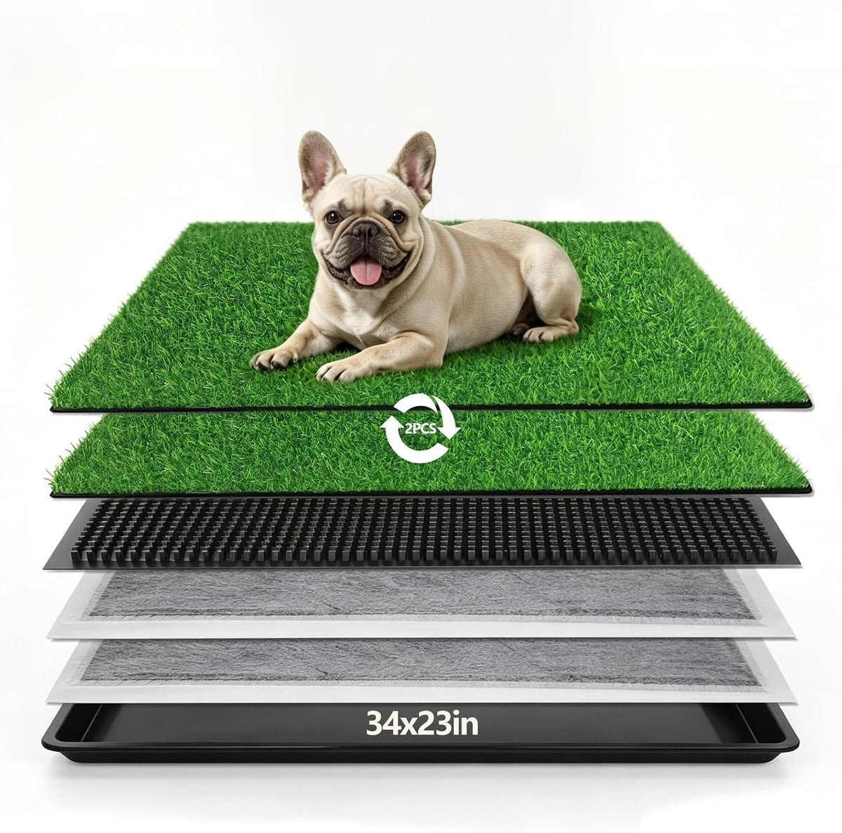 Dog Grass Pad with Tray, 34 X 23 Inch, 2 Artificial Grass Pads for Alternating Use, Odor-Reducing, Fast Drainage, Washable & Reusable Puppy Potty Training System, Indoor Outdoor Dog Toilet