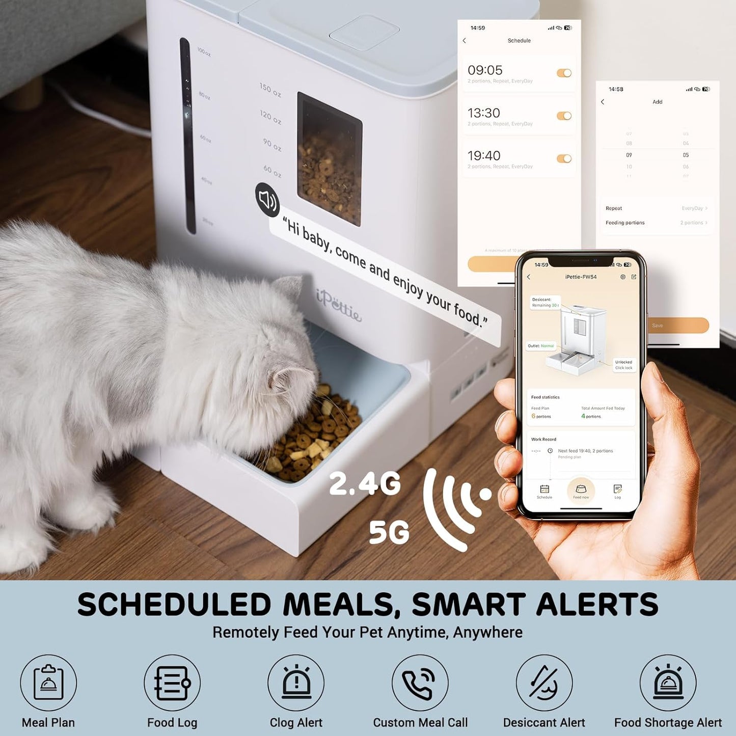 Ipettie FW54 5G/2.4Ghz Wifi Automatic Feeder and Waterer 2-In-1 Set for Pets, 300 Oz Large Capacity for 2 Weeks, Perfect for Working Parents