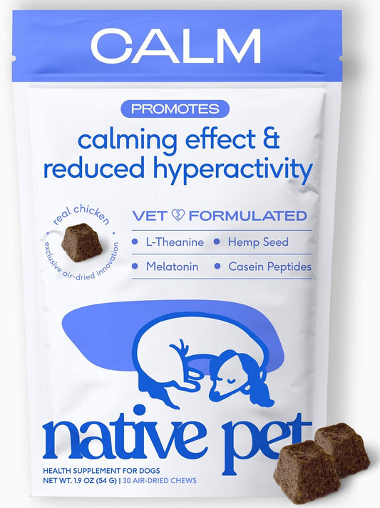 Native Pet Calming Chews for Dogs - Promotes Calming Effect, Supports Emotional Balance & Reduces Hyperactivity - Hemp Seed, Melatonin for Dogs, L-Theanine & Casein - Air-Dried 30 Chews
