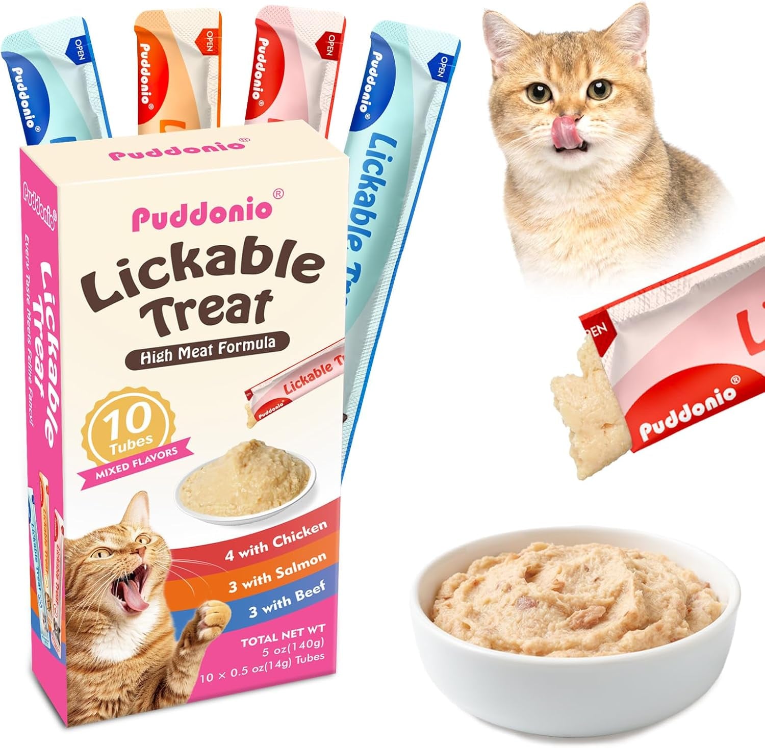 Lickable Cat Treats, High-Meat Puree, Grain & Gum Free, High Protein, No Additives, 0.5Oz Tubes (Pack of 10)