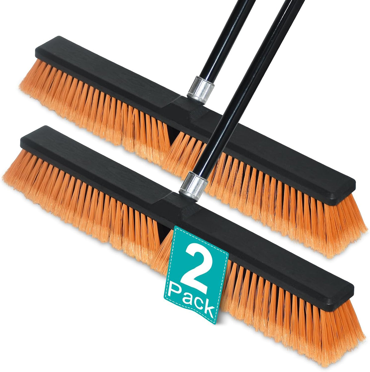 2 Pack 24" Push Broom Heavy Duty Outdoor, Shop Broom with 60" Long Handle