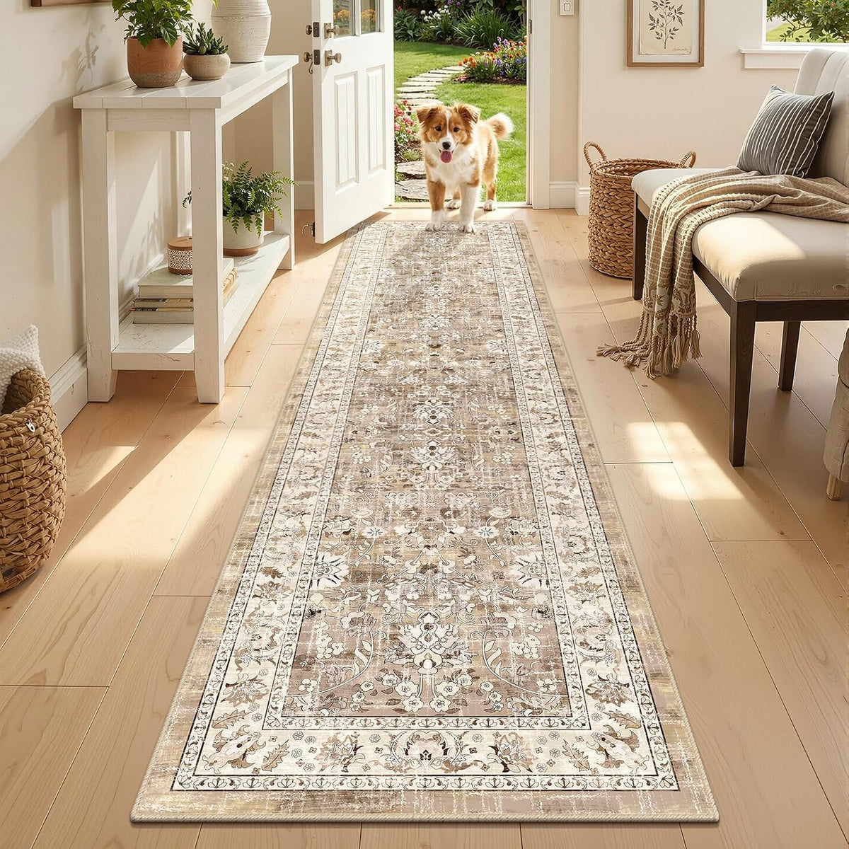 LOKHOM 2X8 Hallway Runnner Rug, Boho Non-Slip Washable Kitchen Rugs, Beige