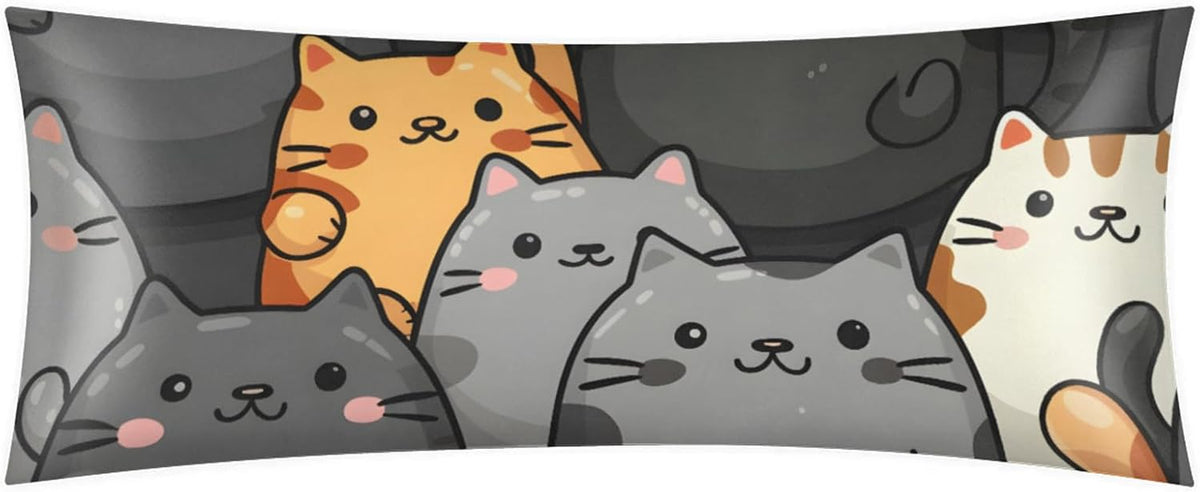 Satin Body Pillow Cover with Zipper 21X54 Inch, Gray Cats Decorative Throw Pillows Covers, Room Long Pillow Case, Breathable Body Pillow Case, Soft Pillowcases for Hair and Skin