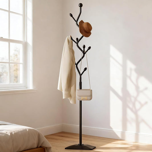 Tree-Shaped Coat Rack Stand,Metal Coat Tree with 8 Hooks and Sturdy Cast Iron Base,Heavy Duty Coat Rack Freestanding Coat Hanger Stand for Clothes Hats Scarfs Purses (Black)