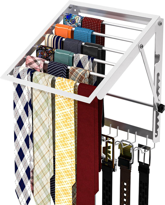 Tie Rack and Scarf Organizer, Battery-Free Design, Holds 60 Ties and Scarves with 5 Belt Hooks, Wall Mounted Tie Organizer, for Men & Women, White
