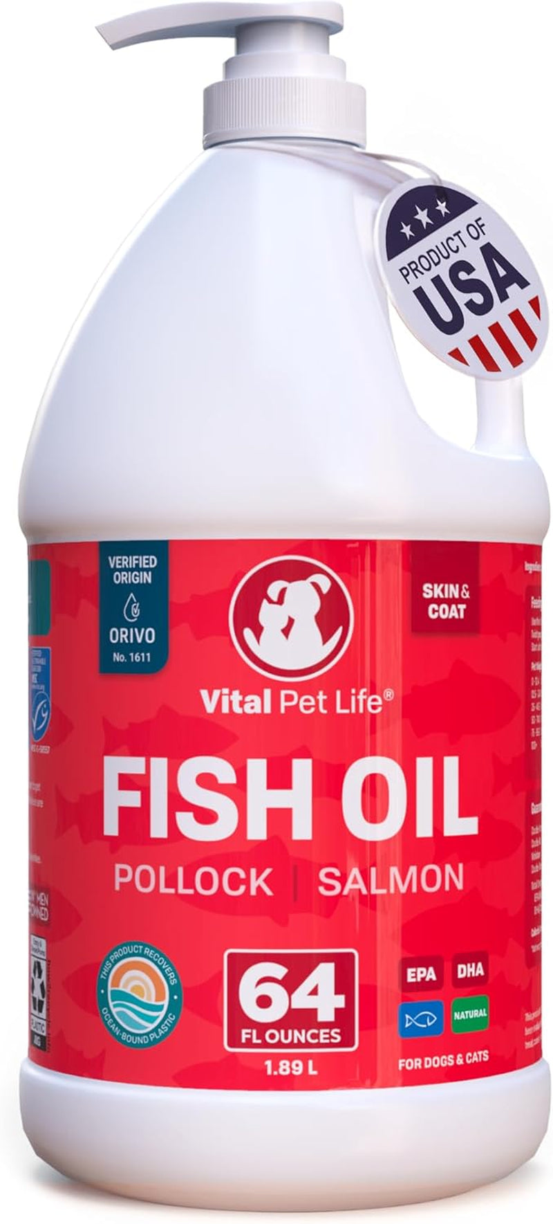 Fish Oil for Dogs - Healthy Skin & Coat, Salmon, Pollock, All Natural Supplement for Pets, Itching Scratching Allergy & Inflammation Defense, Omega 3 EPA DHA, Brain & Heart Health, 64 Oz