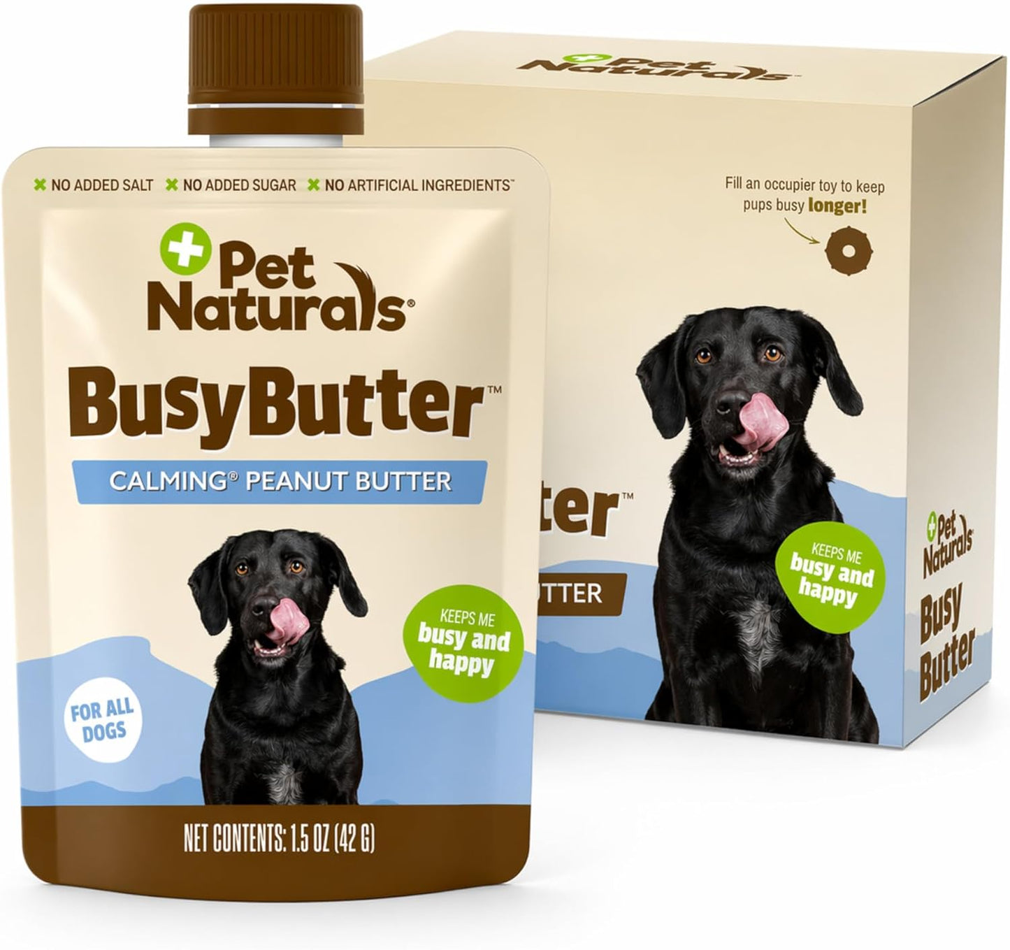 Pet Naturals Busybutter Easy Squeeze Calming Peanut Butter for Dogs, 6 Pouches - Great for Treats, Lick Mats, Training, Calming, and Occupier Toys, Busy Butter, 1.5Oz (Pack of 6)