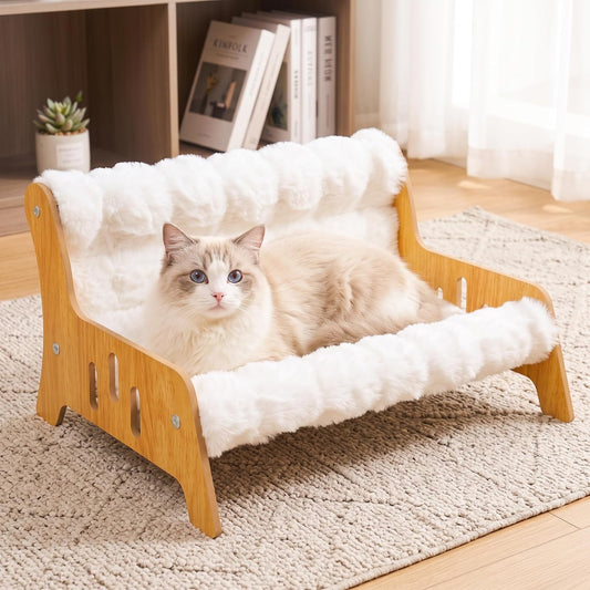 Elevated Cat Couch Bed, Fluffy Cat Sofa,Sturdy Wooden Cat Furniture (Large)
