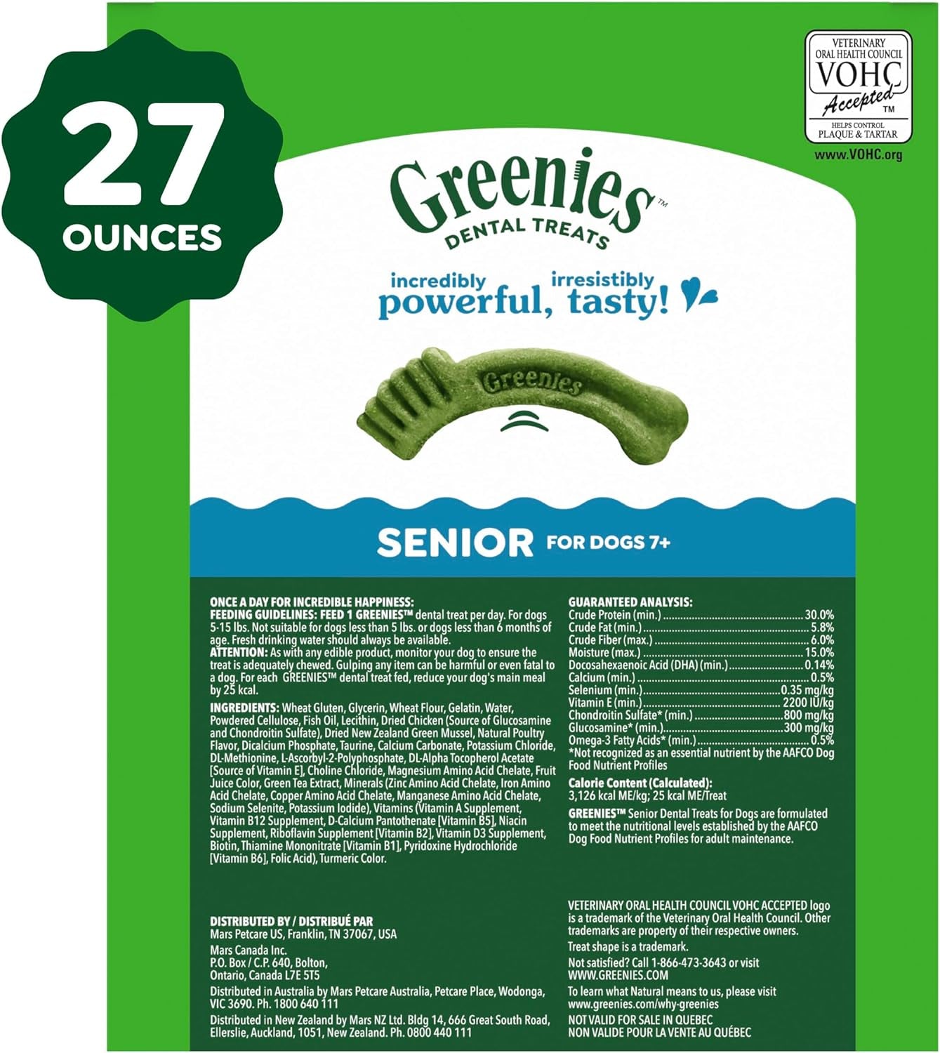 Greenies Dental Treats for Dogs, Veterinarian-Recommended Aging Care Adult Natural Dental Dog Treats, Teenie Size, 27 Oz. Pack, 96 Count