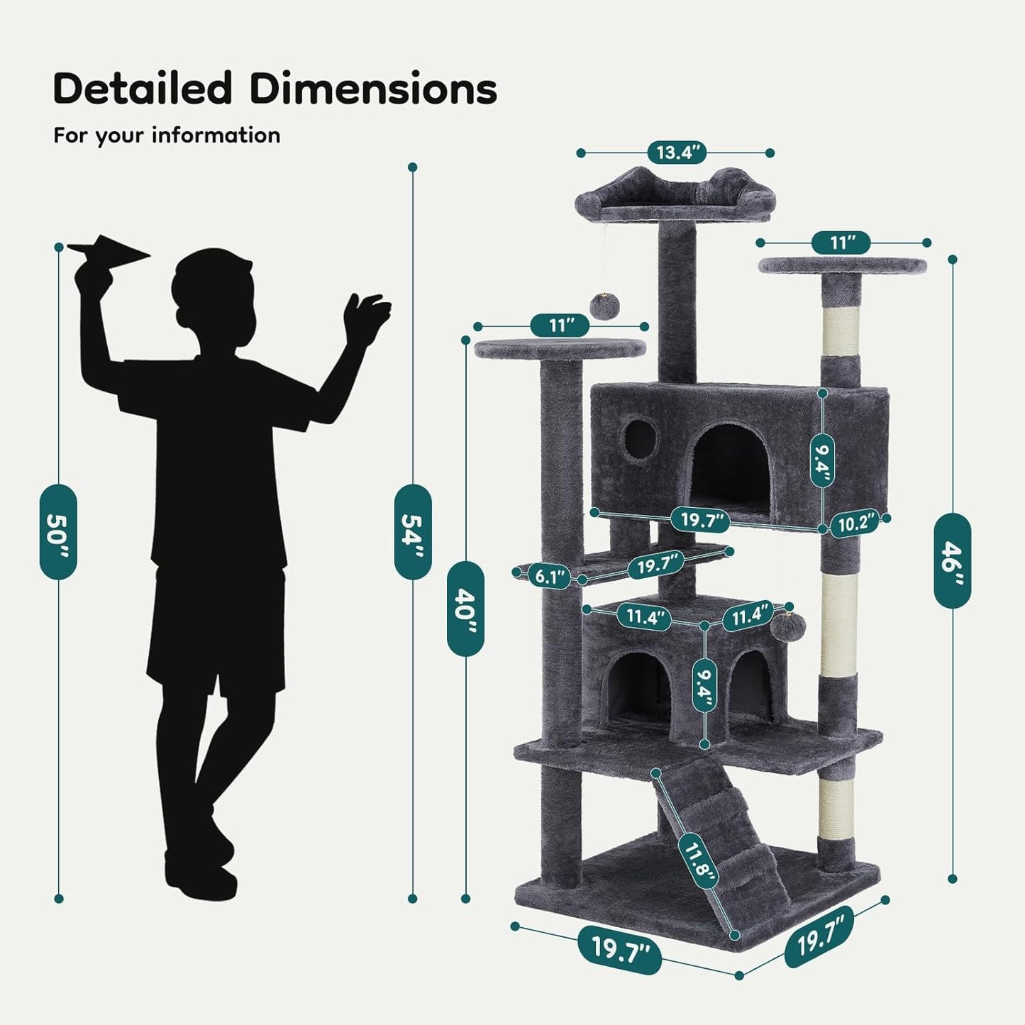 DUMOS 54-Inch Indoor Cat Tree Tower –Multi-Level Pet House for Large Cats with 2 Condos, Scratching Posts, round Platform, Small Ladder, and Toys – Perfect for Cats of All Ages, Dark Grey