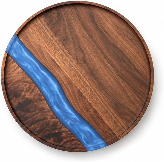Lazy Susan Turntable, Walnut Wood & Epoxy Resin Rotating Tray, Decorative Wooden Centerpiece for Coffee Table, Charcuterie & Cheese Board Display, Home Decor Accent, Housewarming Gift