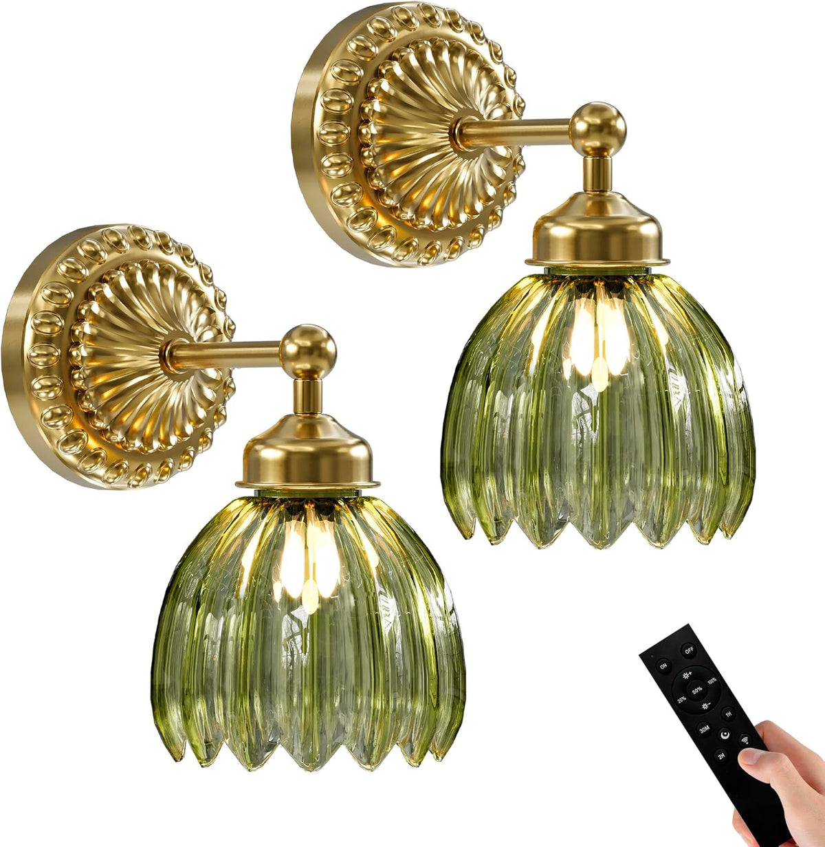 Battery Operated Wall Sconce, Vintage Wall Light, 2 Pack, Green Tulip Glass