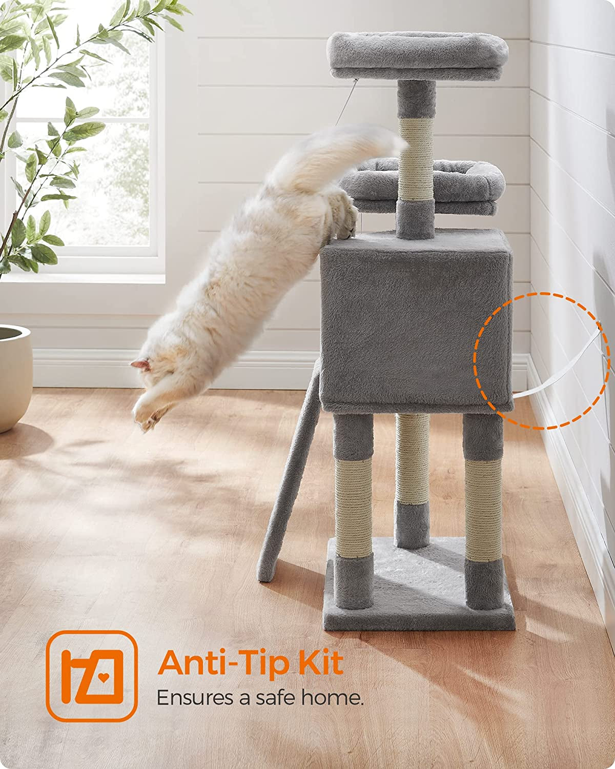 Feandrea Cat Tree, 45.3-Inch Cat Tower, Plush Condo with Scratching Post, Ramp, Perch, Spacious Cave, for Small Space, Light Gray UPCT141W01