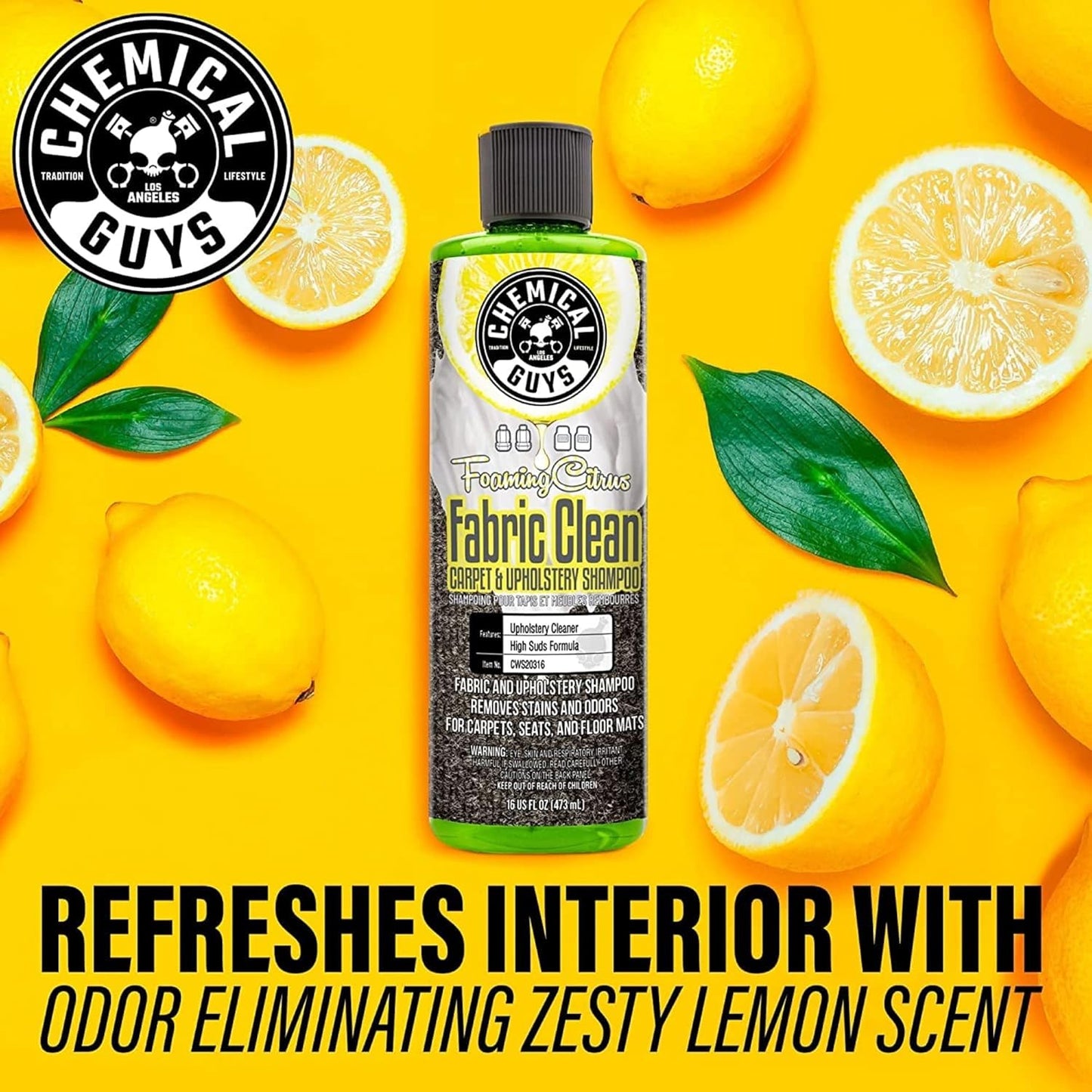 Chemical Guys Foaming Citrus Fabric Clean Drill Brush Kit - High Foaming Stain and Odor Remover, Upholstery, Floor Mat & Car Carpet Cleaner, Deep Cleans & Deodorizes, Citrus Scent - 16 Fl Oz