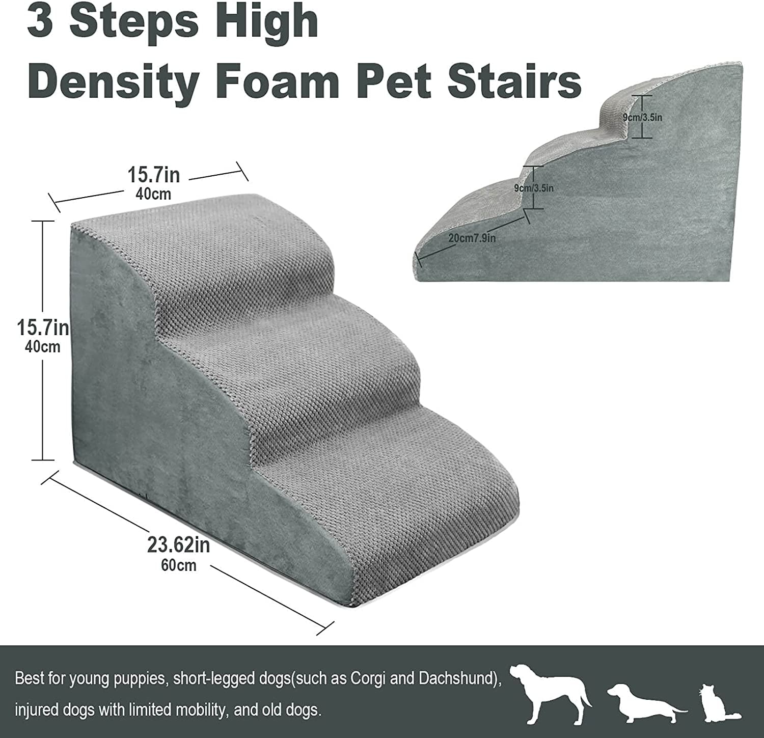 MEJYJEM 3 Steps High Density Foam Dog Stairs Ramps,Non-Slip Pet Steps for Older Dogs,Pet with Joint Pain, Sofa Bed Ladder for Cats