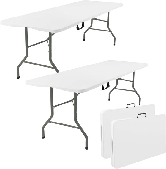 Fivenl 2 Pack 6 Feet Portable Folding Table White, Steel Legs Fold-In-Half with Carrying Handle Rectangular Plastic Foldable Table for Party, Wedding, Camping, Picnic, Dining, Indoor Outdoor Events