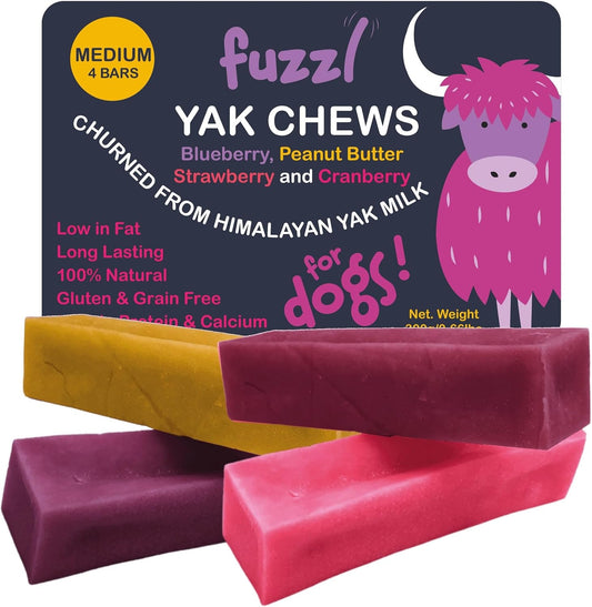 Fuzzl Yak Chews Blueberry, Strawberry, Peanut Butter, Cranberry Medium Pack 4 - Himalayan Yak Chews for Dogs - Natural Dog Chew